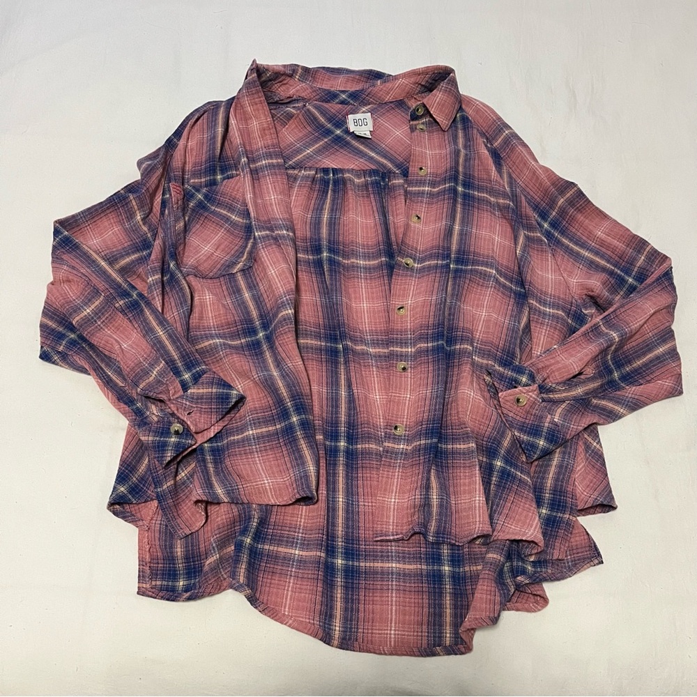 Plaid Button-Up Shirt in Pink and Blue